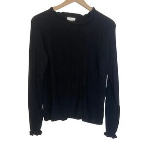 Garnet Hill 100% Cashmere Black Ruffle Accent Sweater Fuzzy Knit Sz M